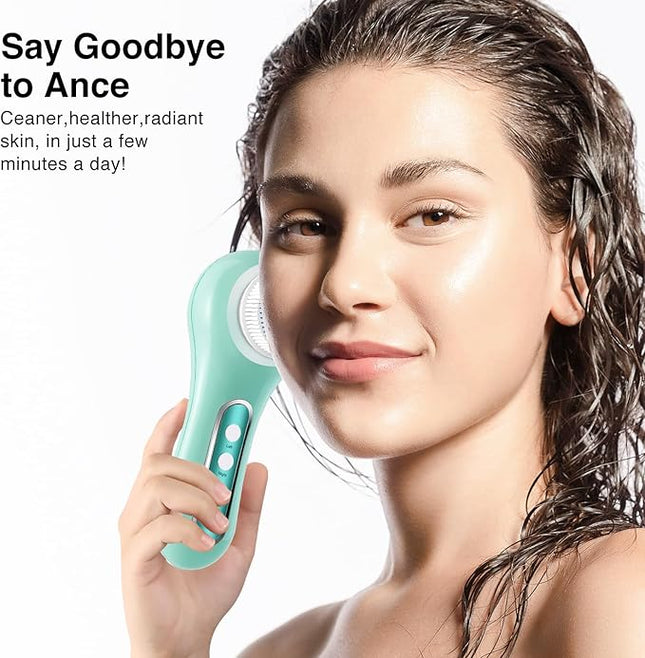 Electric Facial Cleansing Brush, 2-Way Rotating Face Scrubber for Daily & Deep Cleaning, 3 Modes, 5 Brush Heads, Rechargeable, IPX7 Waterproof for All Skin Types