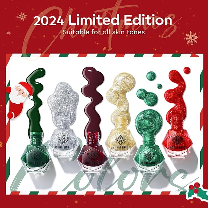 modelones Nail Polish Set 6 Colors Red Green Glitter Mini Nail polish Set Gold Silver Nail Polish Kit Quick Dry Manicure Nail Art Manicure DIY Home Salon Gift for Women Mom