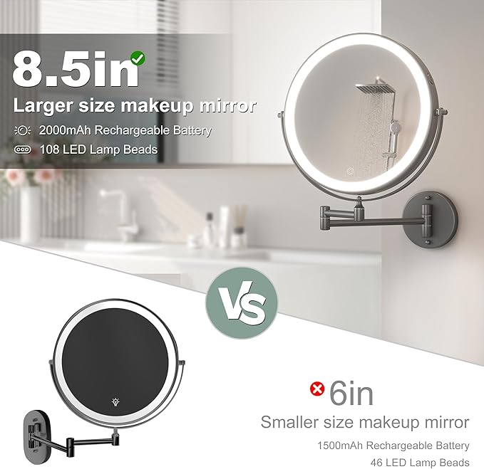 Hasipu 8.5-Inch Wall Mounted Makeup Mirror with Magnification, Rechargeable 2000 mAh Vanity Mirror with Lights, Bathroom Mirror with Dimmable Brightness, 3 Lighting Modes, Extendable Arm, Black