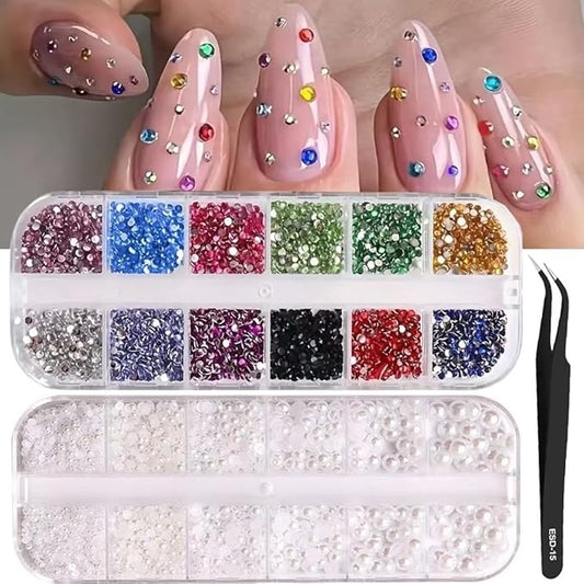 24Grid Shiny Colorful Nail Art Rhinestones 3D Flatback Rhinestones Pearl Nail Charms and Crystals Gems Nail Accessories for Acrylic Nail Tips Manicure Decor