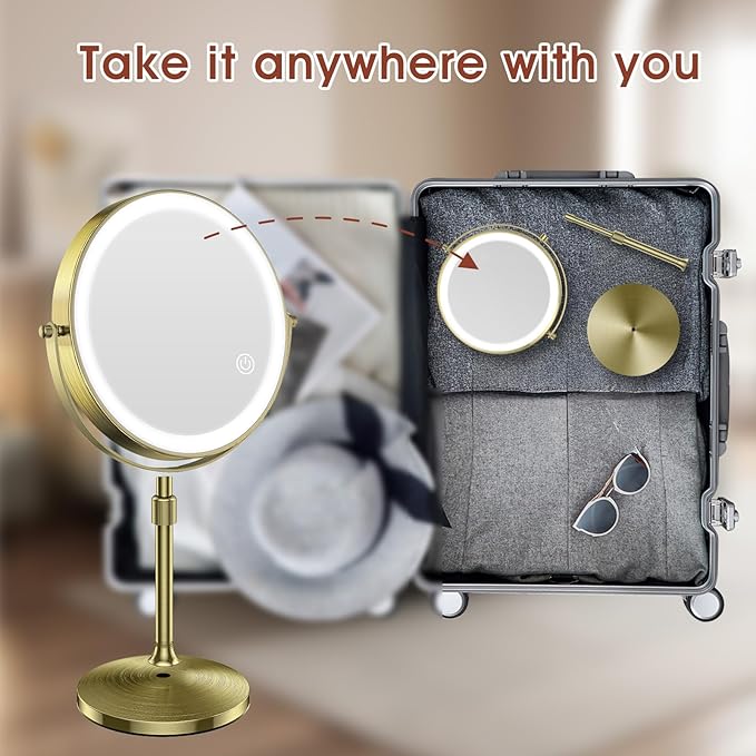 MILPROX 8 Inch Makeup Mirror with 10X Magnification & 3 Color Lights, Adjustable Brightness & Height, Rechargeable Double Sided 1X 10X Magnifying Mirror, Lighted Makeup Mirror Touch Sensor - Gold