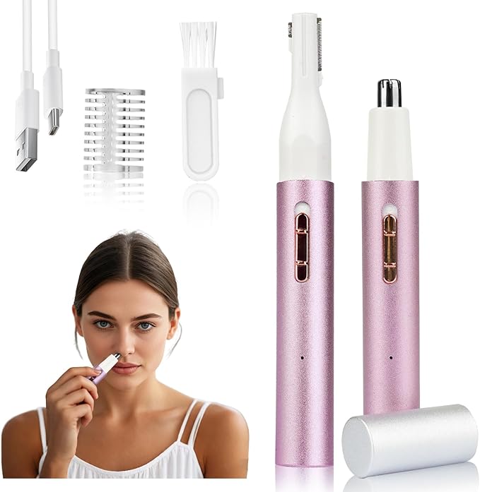 Nose and Ear Hair Trimmer for Women Men,2 in 1 Painless Eyebrow Hair Trimmer with USB Rechargeable,Portble Waterproof Facial Hair Removal with Dual-Edge Blades for Smoother Cutting (Pink)