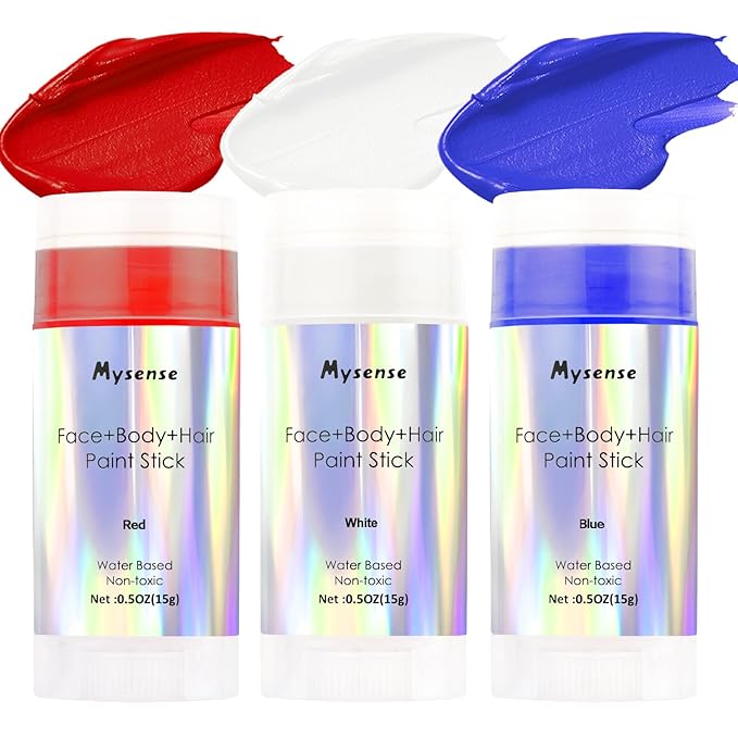 Mysense Red White and Blue Face Body Paint Stick,USA Flag Pride Patriotic Face Paint,4th of July Accessories,Water Based Temporary Hair Color,Halloween SFX Cosplay Clown Makeup,0.5oz/pc