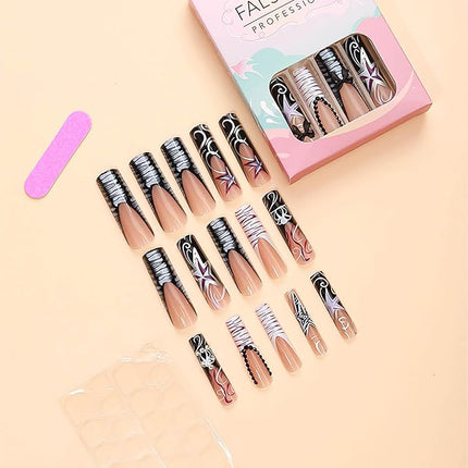RUOKEXIN Extra Long Press on Nails Black French Tip Fake Nails Square False Nails with Bow Rhinestones Designs Extra Long Square Nail Press ons Sparkly Glue on Nails Cute Stick on Nails for Women