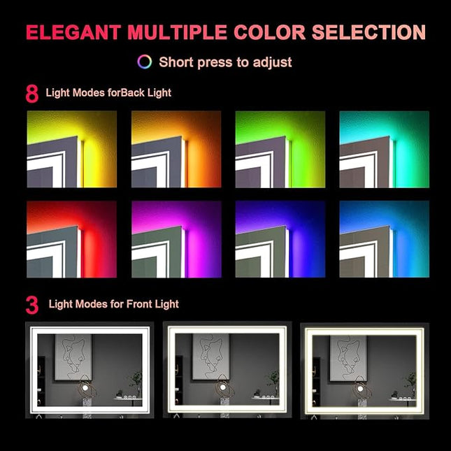 LED Mirror for Bathroom, 40"X32" with 8 RGB Backlit +3 Front Lit (Adjustable Individually), Anti-Fog, Lighted Bathroom Vanity Mirror for Wall, Shatterproof, Memory Function, Tempered Glass