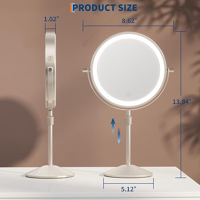Garvee Lighted Makeup Mirror, Rechargeable Height Adjustable Double Sided Vanity Mirror, 1x/10x True HD Magnifying, Brightness Adjustable, Three Colors, 360° Rotation Vanity, Gift for Women, Nickel