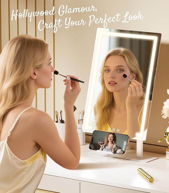 Gospire Hollywood Lighted Makeup Mirror, 4000mAh Rechargeable Vanity Mirror, 3 Color Modes Lighting Mirror with Magnification 5X/10X, Touch Control&Phone Holder, LED Desktop Mirror for Bedroom