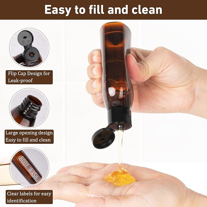 Travel Bottles for Toiletries 6 PCS 3.4oz/100ml Travel Size Containers Plastic Lotion Bottle TSA Approved Leak Proof Squeeze Bottles with Flip Cap for Toiletries, Shampoo & Lotion (Brown)