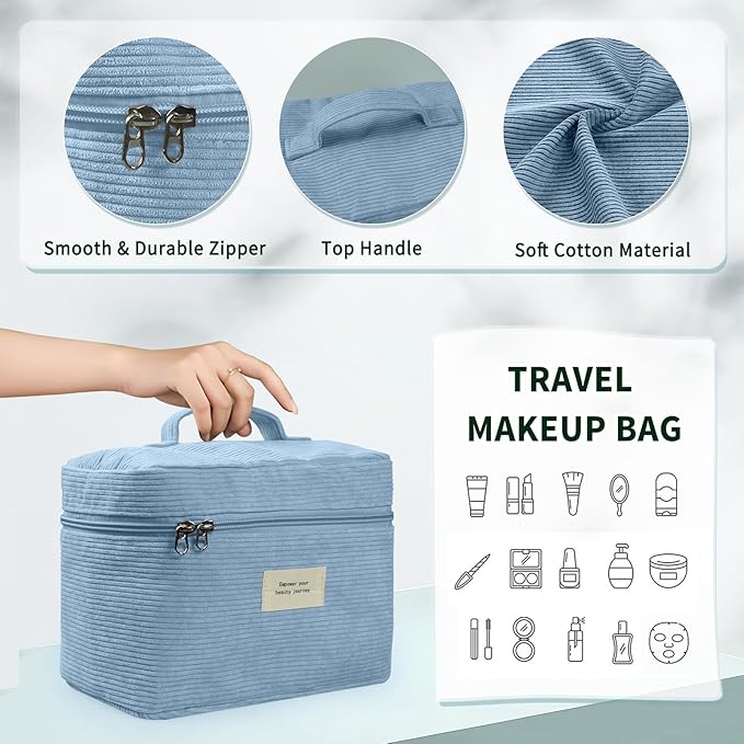 4 Pcs Makeup Bag for Women Corduroy Cosmetic Bag Aesthetic Cute Bags Multi Size Purse Pouch Travel Toiletry Bag Set Makeup Organizer with Zipper (07-Blue)