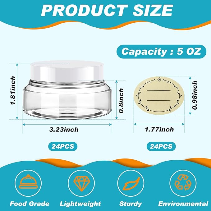 Tessco 24 Pack Plastic Jars with Lids Labels Empty Clear Plastic Jars Round Refillable Cosmetic Containers Body Butter Containers Bulk Sugar Scrub Bottle for Make Up(5 oz,White)