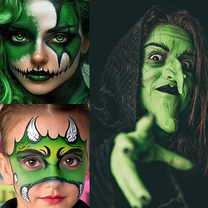 Black White Green Face Body Paint 1.01 oz/pc with 3 Sponges,Green Water Based Face Painting Cosplay Kit, Hunting Hulk Halloween SFX Witch Makeup Cream Face Paint,3 oz