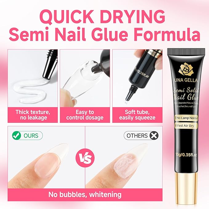 UNA GELLA Lamp-Free Semi Solid Nail Glue for Press Ons: 10ml and Soak Off Gel Nail Glue Remover for False Acrylic Nails 12ml, Super Strong G LUE Quick Removal Kit