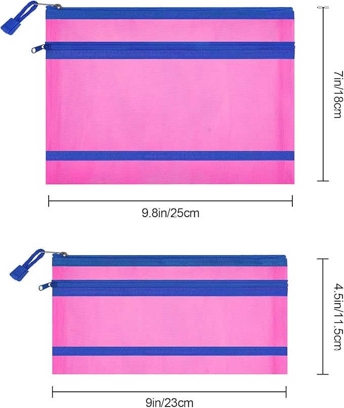 12 Pieces Zipper Nylon Mesh Pouch, Mesh Cosmetic Bags Makeup Bags Pencil Case, Multipurpose Travel Bags for Cosmetic School Office Supplies and Travel Accessories (2 Layers-Hot Pink, A5)