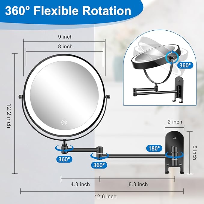 9" Rechargeable Wall Mounted Lighted Makeup Mirror, Double Sided 1X/10X Magnifying Mirror with 3 Color Lights Dimmable, Bathroom Mirror with Hook, Black