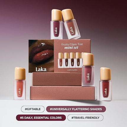 Laka Fruity Glam Tint Mini Set, 5pc Lip Tint Gift Set for Women, Valentine's Day Gifts, Hydrating & Glowy Finish, Lightweight & Transfer-proof Stain, K-Beauty