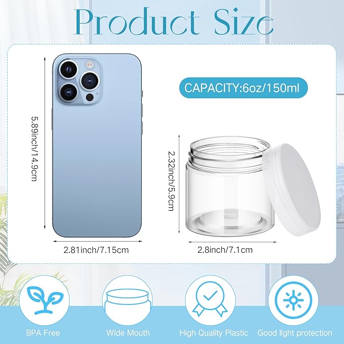 SATINIOR 100 Pcs Plastic Jars with Lids Small Containers Lids Wide Mouth Small Plastic Containers for Lotion Cream Rhinestones Body Butters Travel Storage(6 oz, Clear)
