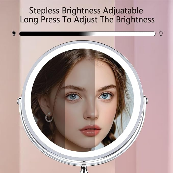 Makeup Mirror with Lights ，8 Inch 1X/10X Rechargeable Double Sided Magnifying , 360° Rotation LED HD Mirror with 3 Colors，Brightness Adjustable, Ideal for Daily Skincare and Professional Makeup