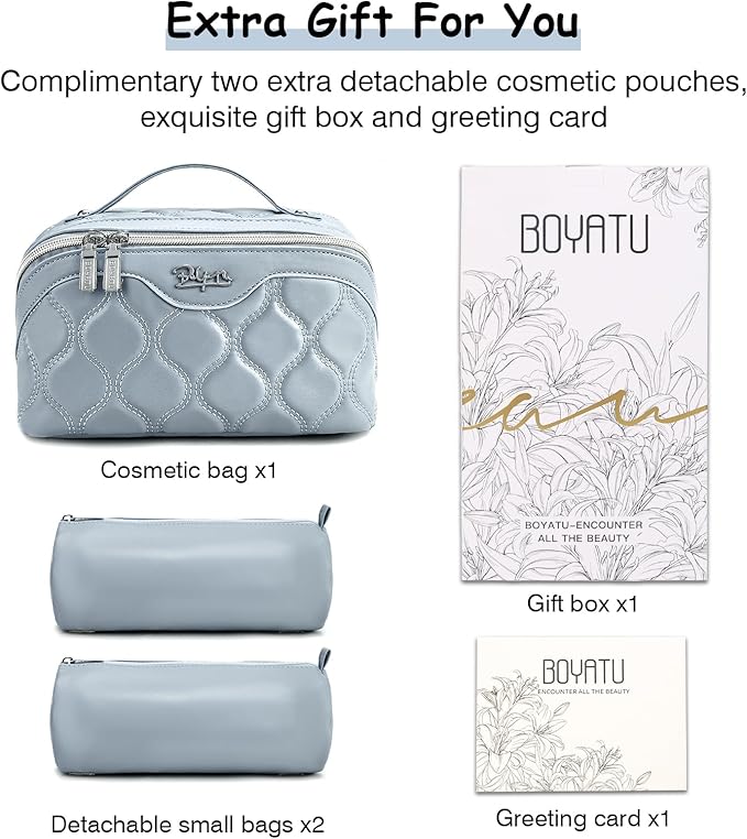 Travel Makeup Bags for Women Cosmetic Bag: Puffy Make up Bags Set of 3 - Vegan Leather Makeup Organizer - Waterproof Large Toiletry Bag with Compartments - Travel Essentials (Blue)