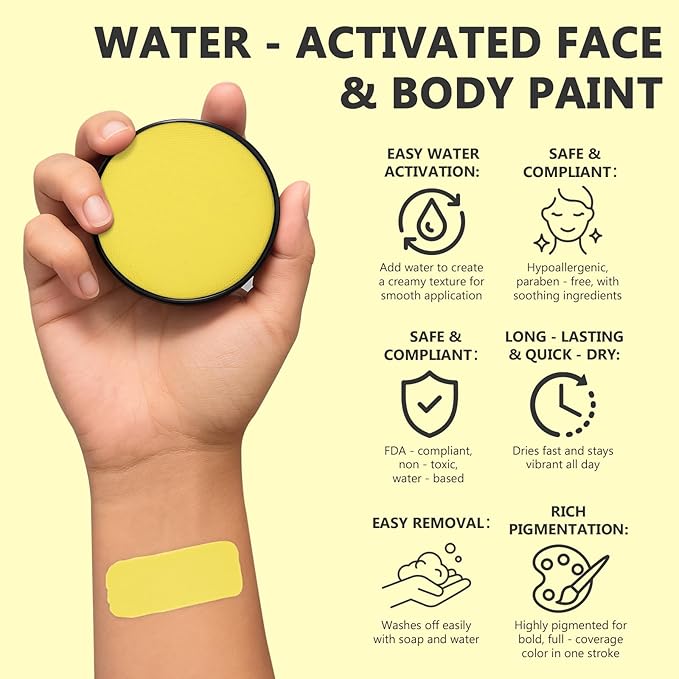 Face Body Paint Kit for Kids & Adults, Non-Toxic Water-Based Professional Face Painting Palette with Brushes for Halloween Clown Goth Vampire SFX Makeup, Art Stage Cosplay Parties, Yellow