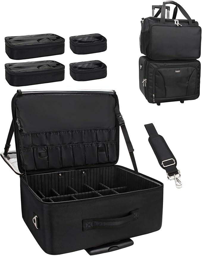 MONSTINA Rolling Makeup Train Case with Four Small Makeup Bag+ Professional Hairdressing Bag,Makeup Case for Hairstylist,Makeup Artist Trolley Travel Makeup Case with Adjustable Divider (Black)