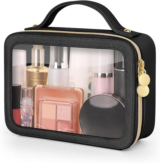 Clear Makeup Bag, Portable Travel Cosmetic Bags, Multipurpose Leather Toiletry Bag with Zipper, Waterproof Transparent Cosmetic Organizer for Women, Medium, Black