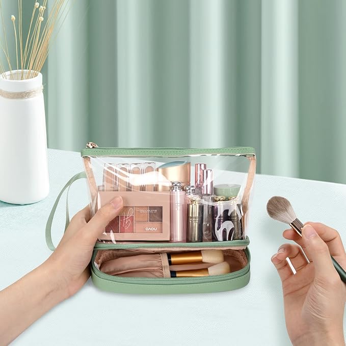 Ethereal Clear Makeup Bag, Green TSA Approved Toiletry Bag with Brushes Compartment Small Travel Make up Bags for Women