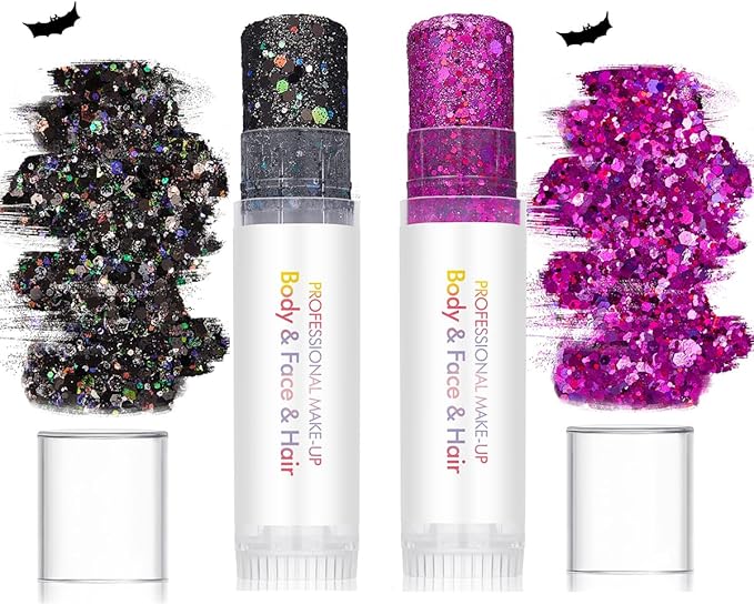 Body Glitter Stick Black Face Glitter Purple Hair Glitter Halloween Face Paint Rave Makeup Glitter Festive Face Gems Christmas Fine Chunky Glitter Stick for Women Girls 2Pack