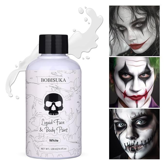 BOBISUKA White Face Body Paint Liquid Texture Washable Non Toxic Facepaint Fast Drying Foundation Makeup for Halloween Clown Skeleton Skull Cosplay SFX Costume Party Large Capacity(130ml)