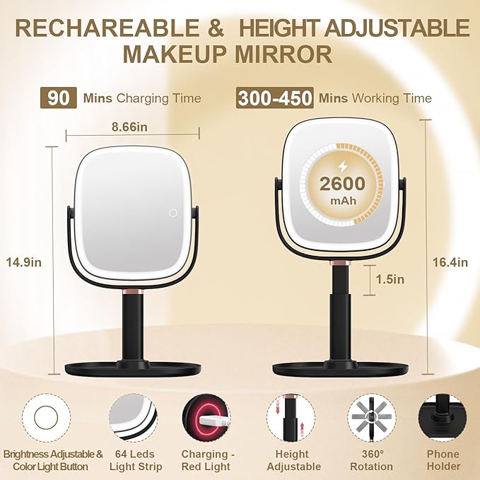 Mocado Makeup Mirror with Lights, 1X/20X Magnifying Mirror with Light, Vanity Mirror with 3 Colors Lights, Height Adjustable Lighted Makeup Mirror, Double Sided 360°Rotation, Memory Function (Black)