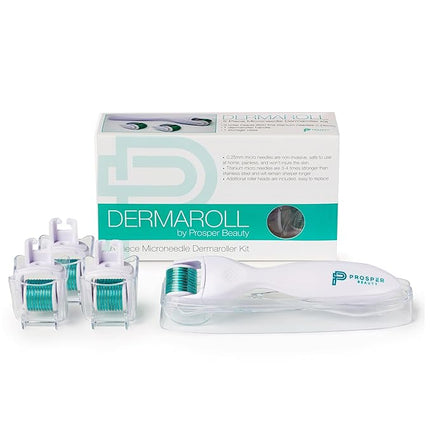 Derma Roller Microneedle 6 Piece Kit [DERMAROLL by Prosper Beauty] Face Roller with 4 Replaceable Heads Exfoliation Microdermabrasion Micro Derma Skin Care Tool Dermaplaning Microneedling