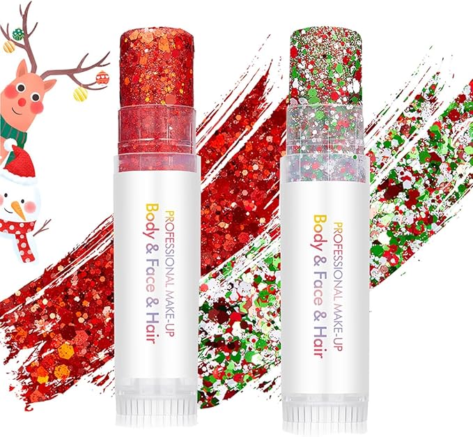 Christmas Body Glitter Stick Red Face Glitter Green Hair Glitter Christmas Face Paint Rave Makeup Glitter Festive Face Gems Halloween Fine Chunky Glitter Stick for Women Girls 2Pack