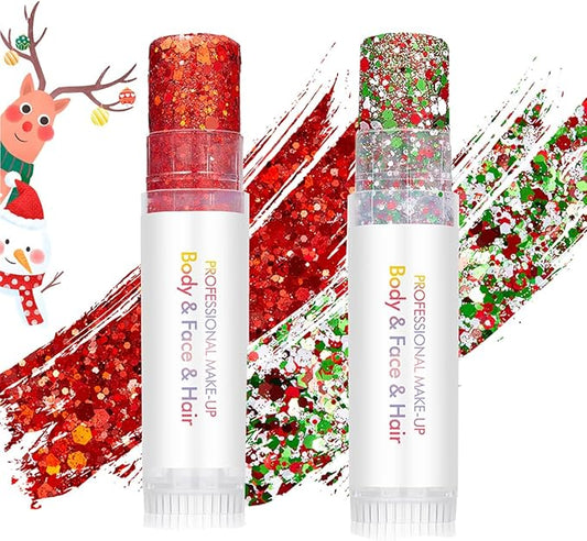 Christmas Body Glitter Stick Red Face Glitter Green Hair Glitter Christmas Face Paint Rave Makeup Glitter Festive Face Gems Halloween Fine Chunky Glitter Stick for Women Girls 2Pack