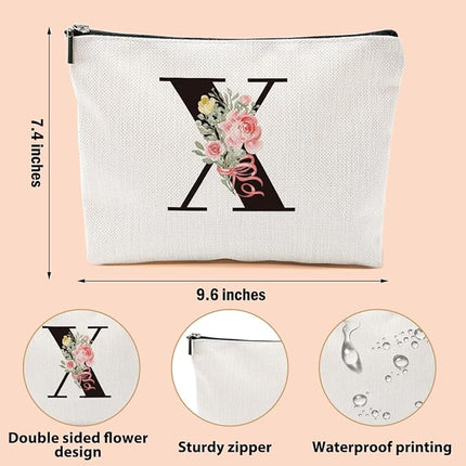 Personalized Makeup Bag, Initial Letter X Makeup Bag for Women Rose Monogram Cosmetic Bags Toiletry Pouch, Monogrammed Gifts for Women Mom Grandma Sister Friends Thanksgiving Christmas Birthday Gift