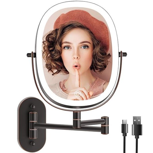 Funtouch 9" Wall Mounted Lighted Makeup Mirror, Rechargeable Double Sided 1X/7X Magnifying Mirrors with Light, 3 Color Lights, Touch Dimmable, Extended Arm 360 Rotation Oval Shaving Light up Mirror
