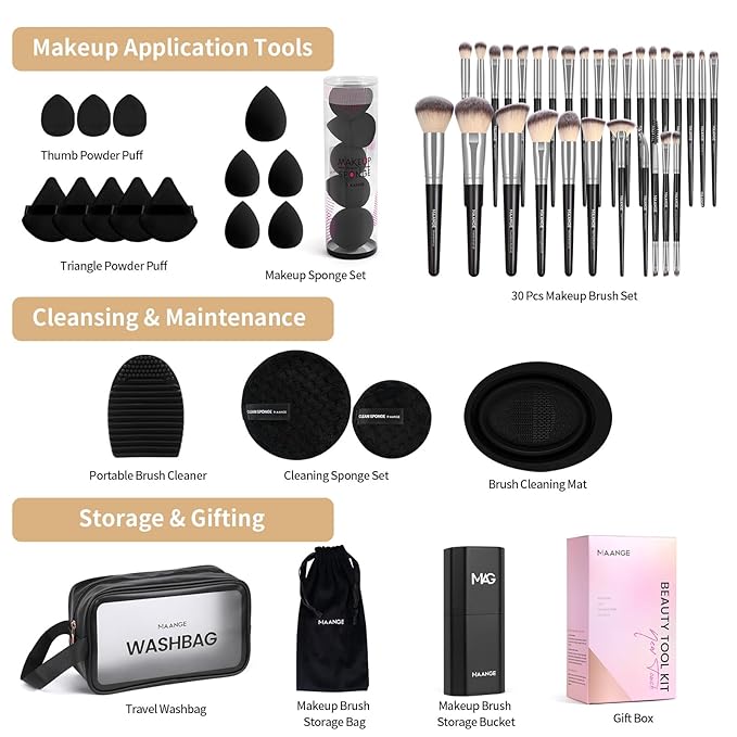 MAANGE Makeup Brush Set 51 PCS Professional Makeup Brushes for Foundation Powder Concealers Eye shadows Blending Blush Travel Make up Brush Kit (Black Silver)