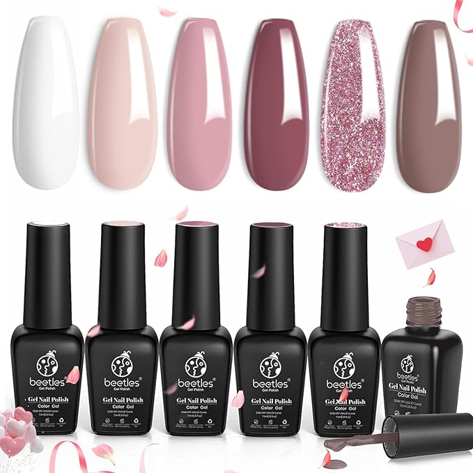 Beetles Romantic Wedding Gel Nail Polish Set 6 Colors Classic French White Soft Pink Glitter Bridesmaid Gel Polish Kit Nail Art Soak Off UV DIY Home Manicure Kit Gifts for Women