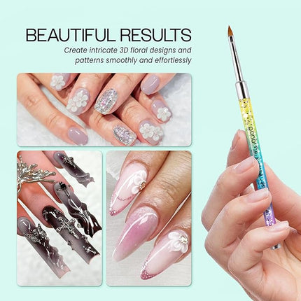 PANA Kolinsky 3D Acrylic Nail Brushes with Liquid Glitter Handle - For Professional Acrylic Powder Liquid Manicure Pedicure (Rainbow Color, Size #4)