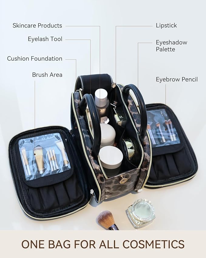 Prite Makeup Bag for Women, Large Capacity Waterproof Travel Cosmetic Organizer, Portable Open Flat Toiletry Bag with Free-standing Brush Holder and Handle(Leopard Print Medium)