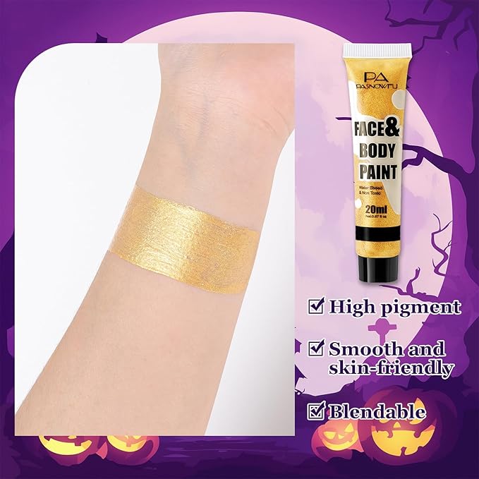 Golden Face Body Paint - Professional Water-Based Non-Toxic Body Painting for Metallic Halloween SFX Cosplay, Full Coverage Washable Paint for Costume Party Carnival Stage Performance