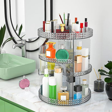 Rotating Makeup Organizer Countertop, Acrylic Makeup Storage Organizer Round, Large Cosmetic Organizer 7 Layers Large Capacity, Fits Makeup Brushes, Lipsticks, Bathroom, Vanity, Gray