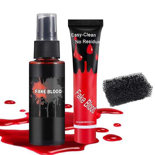 CAHIUYOA 3PCS Halloween Special Effects Makeup Kit - Washable Fake Blood Spray,Fake Blood Cream,Stipple Sponge, Face Body SFX Cosplay Kit for Vampire Zombie Clown Makeup