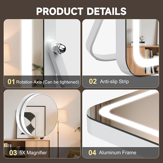 MINISO Vanity Mirror with Lights, 18" x 14" LED Makeup Mirror, Light & Brightness Adjustment, Smart Sensor, 360°Rotation, Aluminum Alloy Metal White Frame, with 5X Magnifying Glass