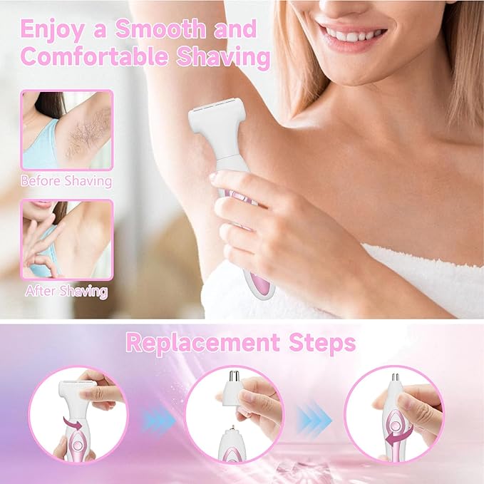 RUIM Electric Razors for Women, 4-in-1 Painless Bikini Trimmer, Rechargeable Wet/Dry Use Shaver with LED Display, Pink