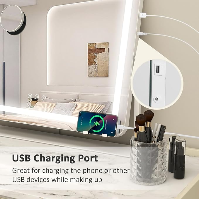 YOURLITE Vanity Mirror with Lights, 24"x 20" LED Makeup Mirror, Smart Touch Dimmable 3 Colors Modes & Adjustable Brightness, 10x Magnification with USB Charging Port, 360° Rotation for Bedroom