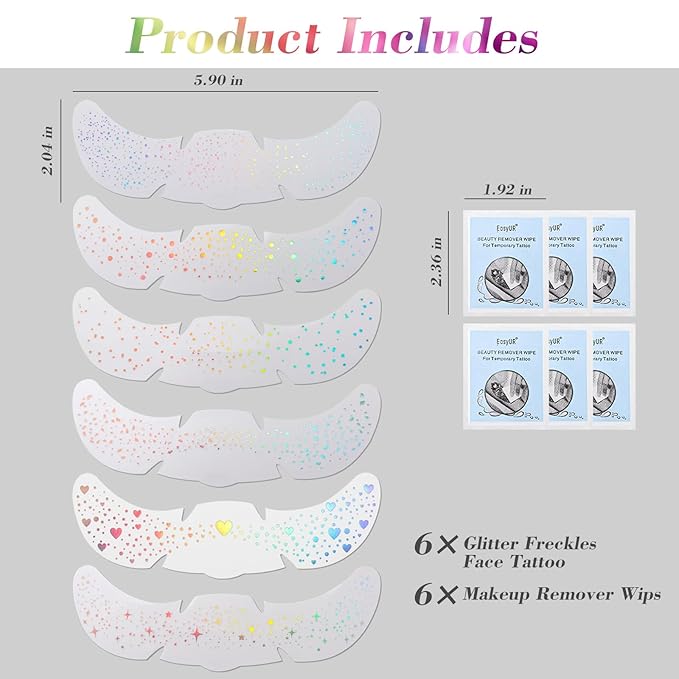 6 pcs Holographic Multicolour Glitter Freckles Face Tattoo, Waterproof Sparkle Face Glitter Speckles Patches for Women, Cute Star Glitter Temporary Tattoo Makeup Rave Accessories for Festival