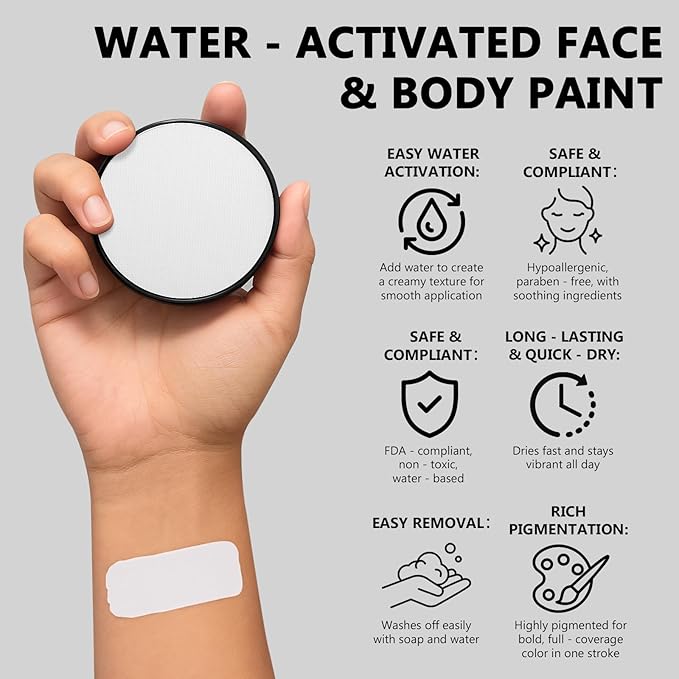 White Face Body Paint Kit for Kids & Adults, Non-Toxic Water-Based Professional Face Painting Palette with Brushes for Halloween Clown Goth Vampire SFX Makeup, Art Stage Cosplay Parties