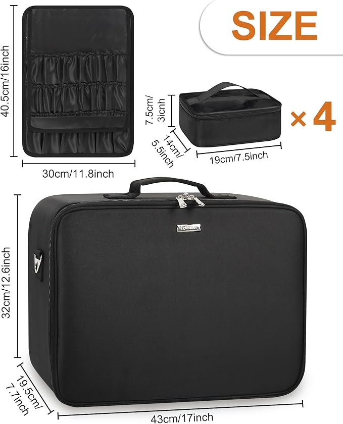 Relavel Extra Large Cosmetic Bag with LED Mirror, Train Makeup Case with Adjustable Dividers and 4 Removable Pouches, Hair Supplies Organizer, Portable Cosmetic Organizer Bag for Makeup Artists