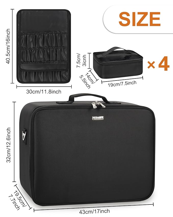 Relavel Extra Large Makeup Case with LED Mirror, Train Cosmetic Case with 4 Small Make Up Bag for Trip, Professional Makeup Organizer Storage with Detachable Dividers for Makeup Artists, Hairstylist