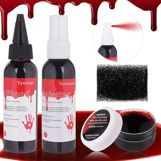 4PCS Fake Blood Makeup Kit, Washable Fake Blood Spray 2.1oz, Dripping Blood 2.1oz, Coagulated Blood 1.06oz and One Stipple Sponge, Halloween SFX Makeup for Zombie,Vampire and Monster Cosplay