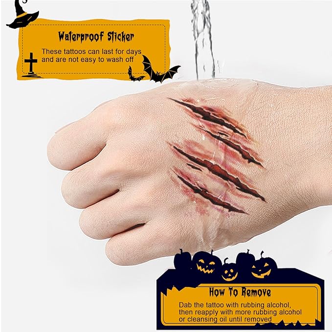 Halloween Zombie Makeup, 12 Sheets Halloween Fake Scars Bloody Wound Temporary Tattoos, Halloween Party Cosplay Vampire Makeup Tattoos for Women Men Kids